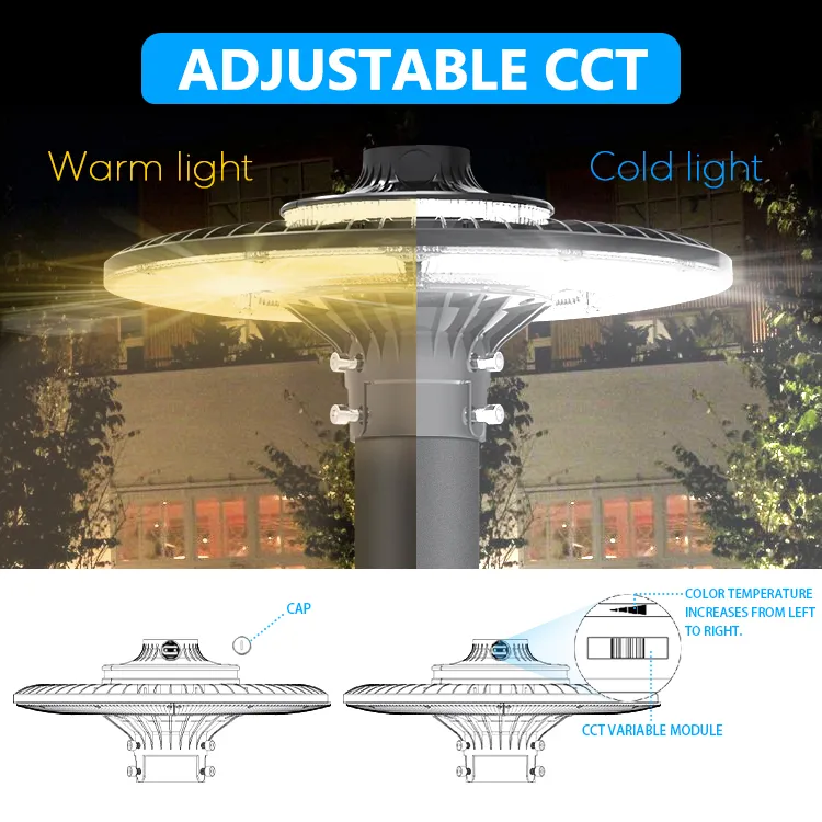 LED-Gartenleuchte, einstellbar, 150W, IP65, eingebaut wasserdicht, 130lm/W, rund, schwarz, Hof, Park, Garten, Pfostenaufsatz 1